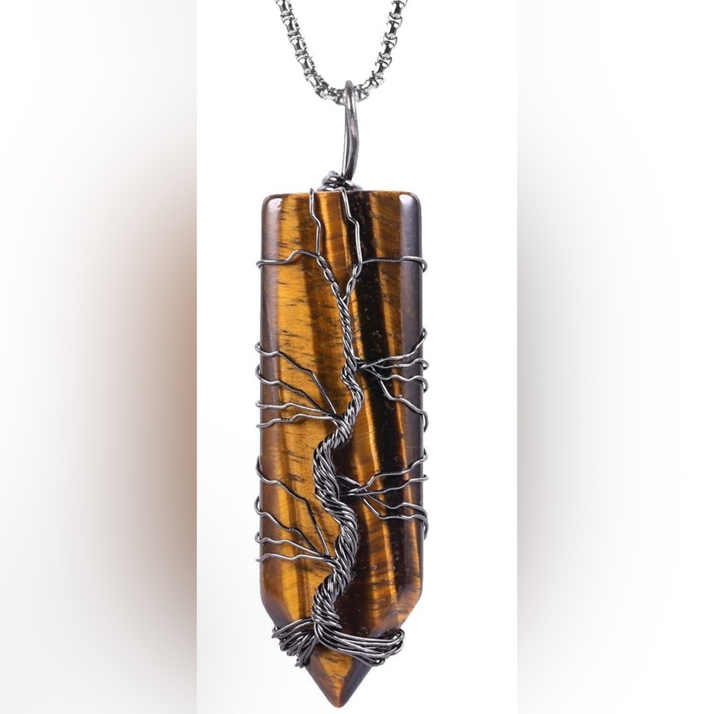 New Crystal Pendant Necklace Women Men Wire Wrapped Amulet Jewelry Tiger Eye